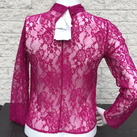 NEW ASOS Pink Pearl Sequin Sheer Lace long sleeve Mock Top 2 - Picture 5 of 8